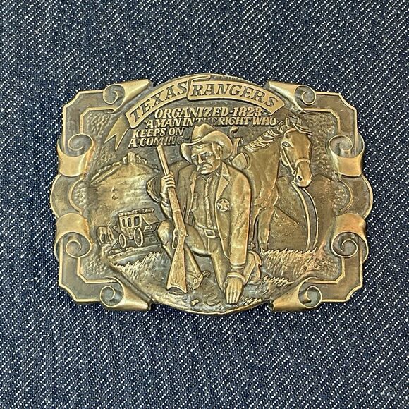 Vintage 1970s TEXAS RANGERS Old West Lawman Solid Brass Belt Buckle by ADM - Picture 1 of 4